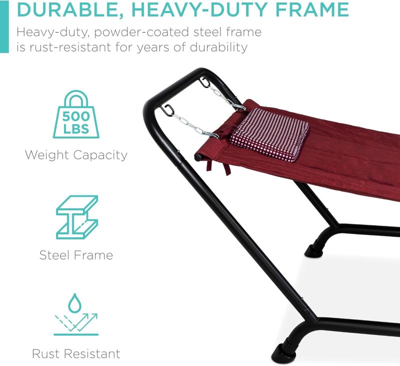 Best Choice Products Outdoor Hammock Bed with Stand for Patio, Backyard, Garden, Poolside w/Weather-Resistant Polyester, 500LB Weight Capacity, Pillow, Storage Pockets - Red - Image 3