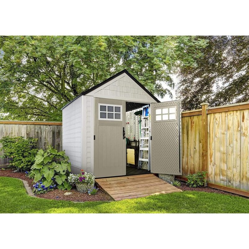 Rubbermaid 7×7 Ft Durable Weather Resistant Resin Outdoor Garden Storage Shed with Windows and Utility Hooks, Sand - Image 10