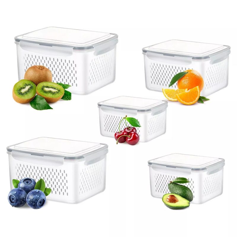 5-Pieces Fruit Vegetable Storage Containers For For Fridge With Lids & Colanders - Image 4