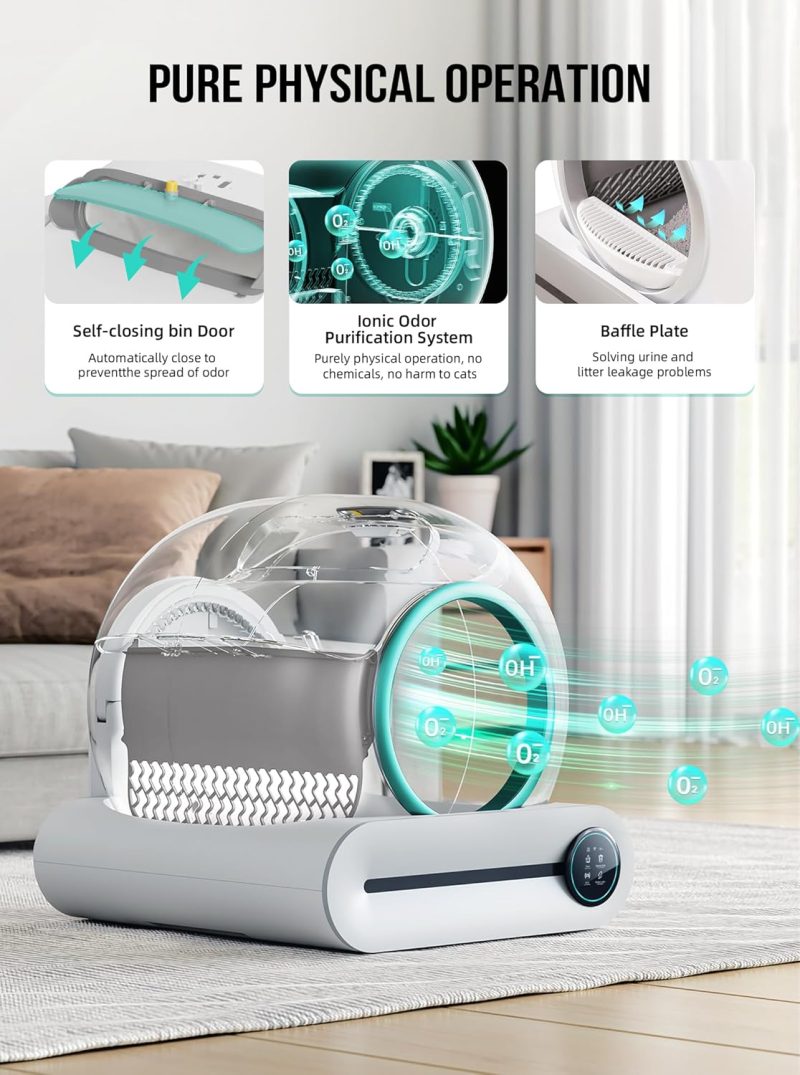 Self Cleaning Cat Litter Box, Automatic Cat Litter Box with Mat & Liners, 65L+9L Large Capacity Self Cleaning Litter Box, APP Control/Suitable for Multiple Cats - Grey - Image 5