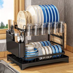 2-Tier Stainless Steel Dish Drying Rack for Kitchen Counter, Over the Sink with Utensil Holder and Cutting Board Storage