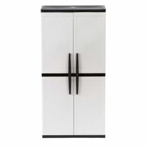 HDX Gray Plastic Freestanding Garage Cabinet, 35′′W x 71′′H x 18′′D, with Adjustable Shelves and Lockable Doors