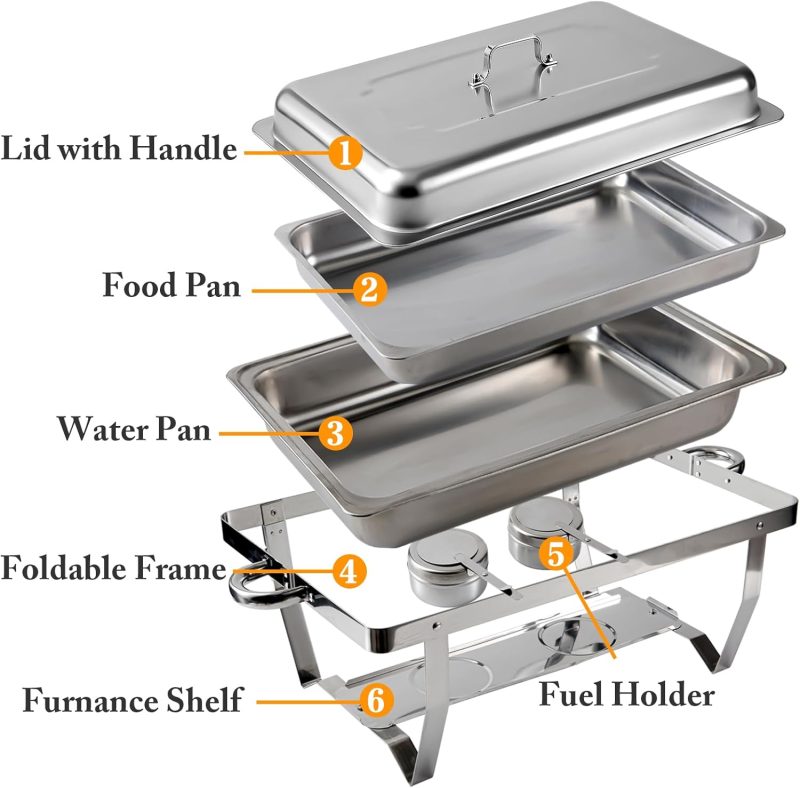 6 Pcs Chafing Dish Buffet Set, 8 Qt Stainless Steel Buffet Servers and Warmers with Foldable Frame, Food Pan, Fuel Holder and Lid for Parties Banquet Wedding - Image 4