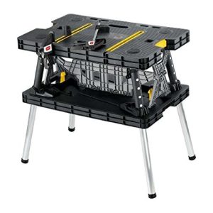 Keter Portable Folding Workbench Sawhorse with Clamps, Black/Yellow, Heavy-Duty Resin