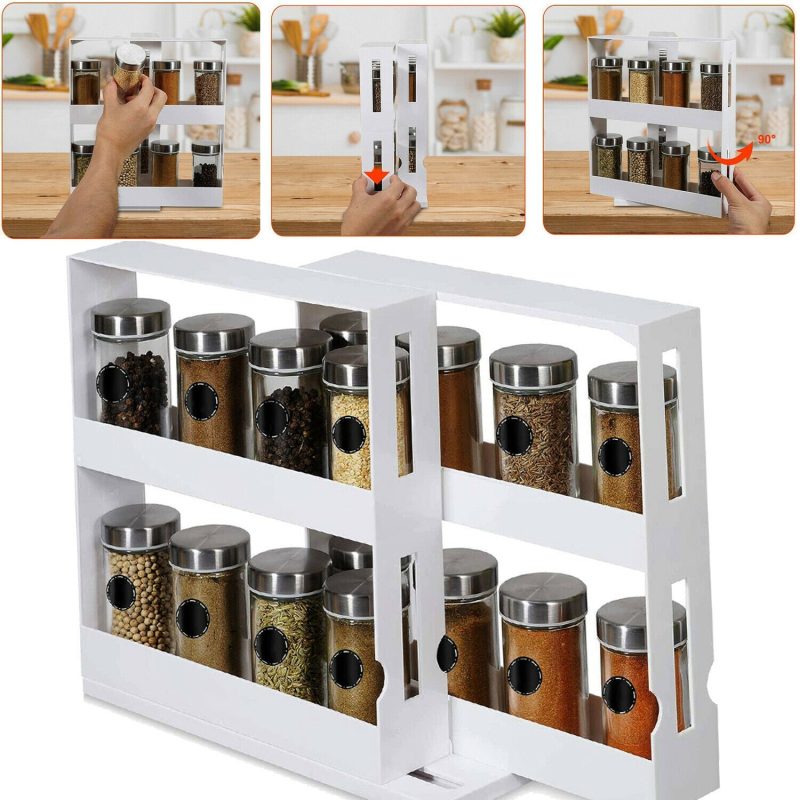 2 Tiers Multi Function Kitchen Storage Seasoning Spice Rack, Rotating Organizer