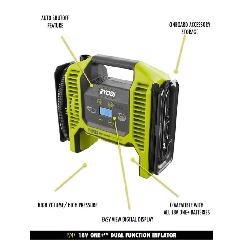 RYOBI ONE+ 18V Cordless Dual Function Portable InflatorDeflator with 2.0 Ah Battery P747-PBP006 - Image 3