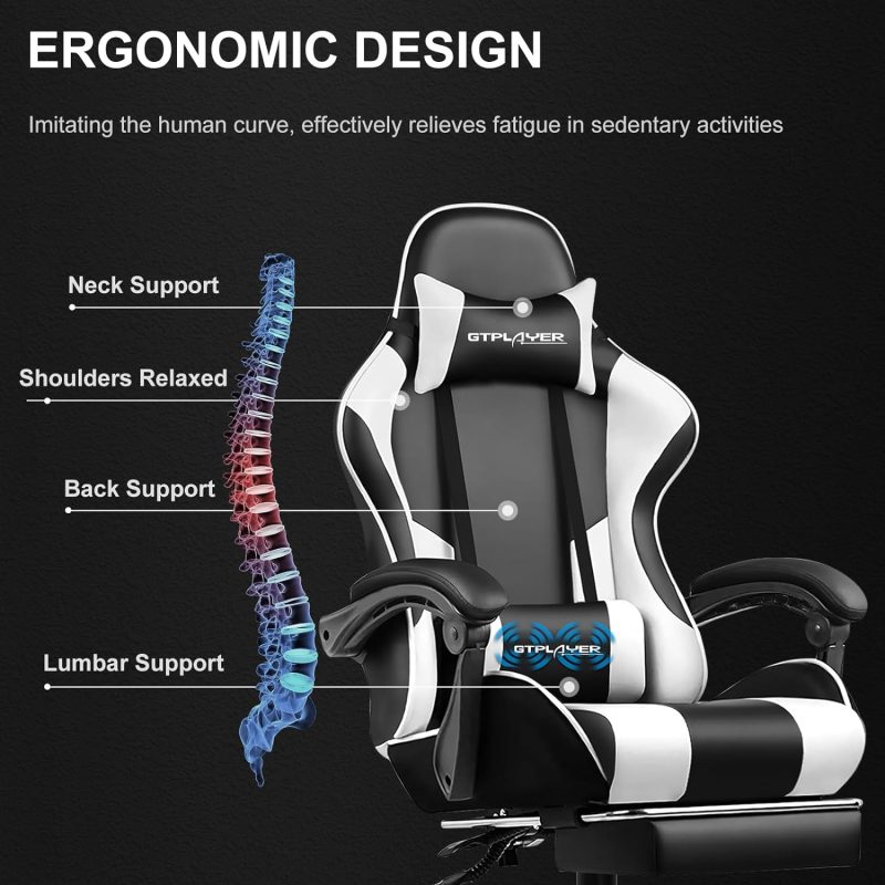 GTPLAYER Gaming Chair, Computer Chair with Footrest and Lumbar Support, Height Adjustable Game Chair with 360  -Swivel Seat and Headrest and for Office or Gaming (White) - Image 19