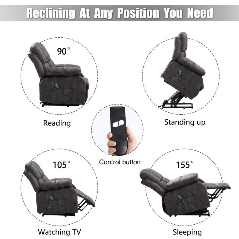 VON RACER Power Lift Recliner Chair with Heat & Massage, USB Port, Side Pockets, Remote Control, Adjustable Reclining for Elderly, Supports 350lb - Image 4