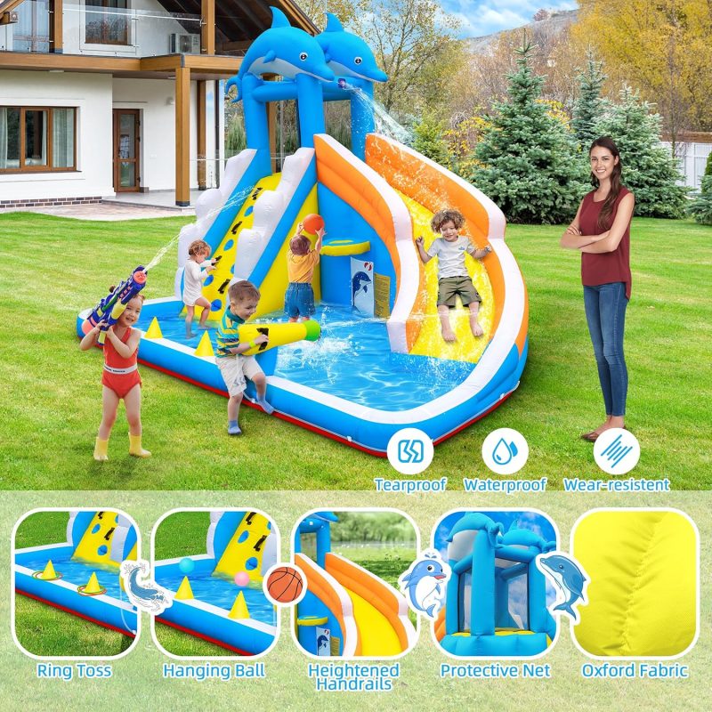 Water Slide,5 in 1 Dolphin Inflatable Bounce House for Kids- Climbing Wall Splash Pool Water Cannon Basketball Rim - 480W Blower - for Indoor Outdoor Backyard Birthday Party - Image 4