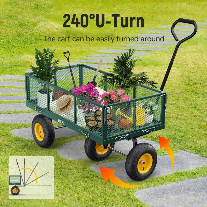 Steel Garden Cart, 2-in-1 1400 lbs Heavy Duty Utility Wagon, with Removable Mesh Sides to Convert into Flatbed, 240° U-Turn 13" Pneumatic Tires Garden Wagon for Farm Yard Lawn Garden Camping - Image 18