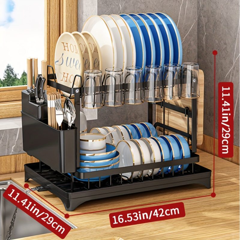2-Tier Stainless Steel Dish Drying Rack for Kitchen Counter, Over the Sink with Utensil Holder and Cutting Board Storage - Image 5