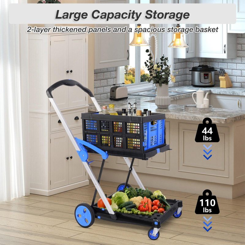 2-Tier Multi-Functional Collapsible Carts Foldable Trolley with Storage Crate Rolling Swivel Wheels - Image 6
