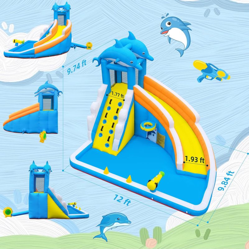 Water Slide,5 in 1 Dolphin Inflatable Bounce House for Kids- Climbing Wall Splash Pool Water Cannon Basketball Rim - 480W Blower - for Indoor Outdoor Backyard Birthday Party - Image 7