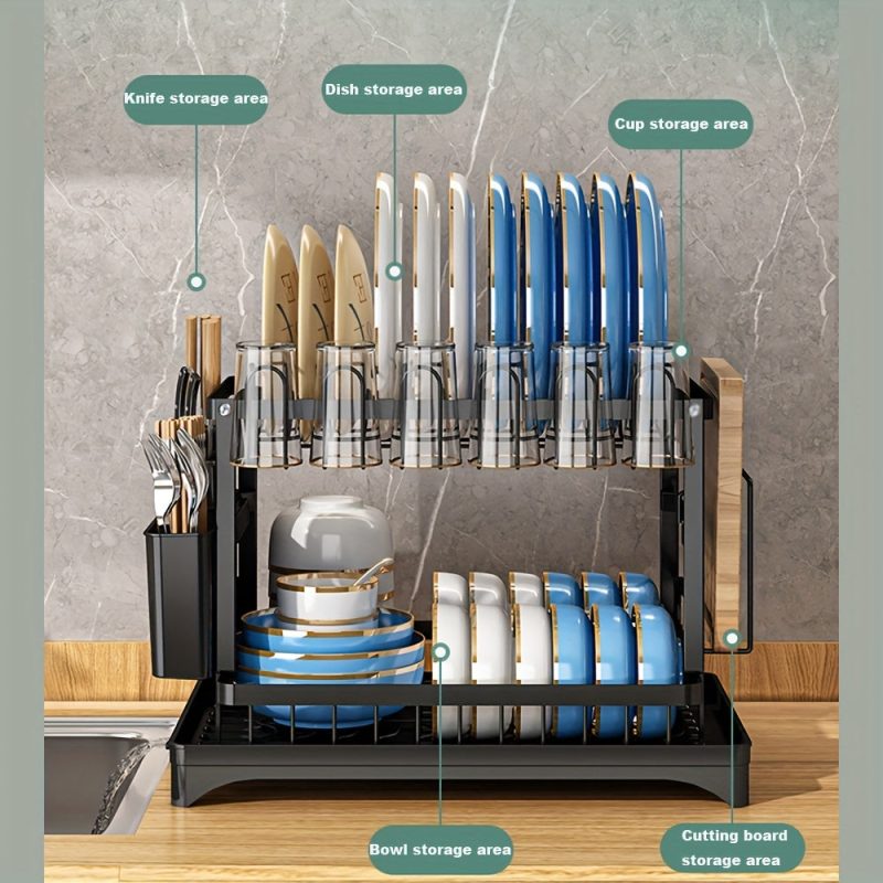 2-Tier Stainless Steel Dish Drying Rack for Kitchen Counter, Over the Sink with Utensil Holder and Cutting Board Storage - Image 14