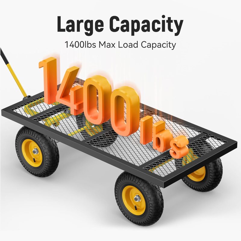 Steel Garden Cart, 2-in-1 1400 lbs Heavy Duty Utility Wagon, with Removable Mesh Sides to Convert into Flatbed, 240° U-Turn 13" Pneumatic Tires Garden Wagon for Farm Yard Lawn Garden Camping - Image 7