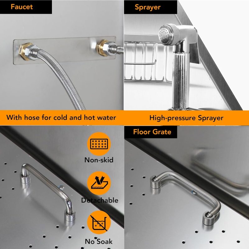 50′′ Dog Wash Bathtub, Pet Wash Station, Professional Stainless Steel Dog Grooming Tub with Ramp, Faucet, Sprayer, Drain Kit, Right Door - Image 6