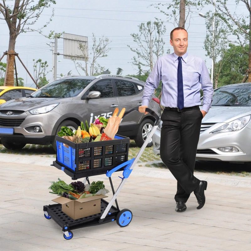 2-Tier Multi-Functional Collapsible Carts Foldable Trolley with Storage Crate Rolling Swivel Wheels - Image 11