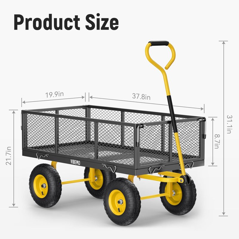 Steel Garden Cart, 2-in-1 1400 lbs Heavy Duty Utility Wagon, with Removable Mesh Sides to Convert into Flatbed, 240° U-Turn 13" Pneumatic Tires Garden Wagon for Farm Yard Lawn Garden Camping - Image 16