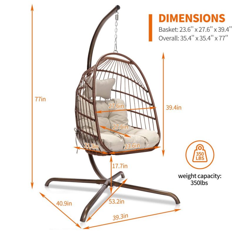 Nicesoul Foldable PE Wicker Brown Hanging Egg Chair With Stand Swing Chair With Cushion and Pillow Capacity 350lbs - Image 11