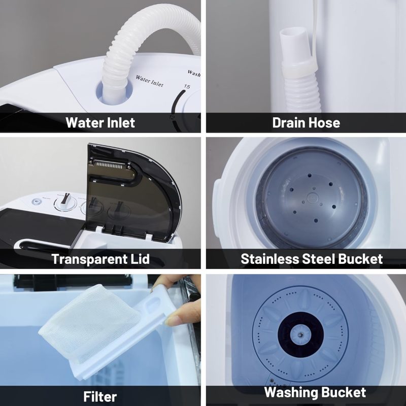Portable Washing Machine, 15lbs Twin Tub Washer 2 In 1 Mini Compact Laundry Machine, 9lbs+6lbs Washer and Spinner Combo for Dorms, Apartments, RVs(Black) �C 15lbs - Image 15