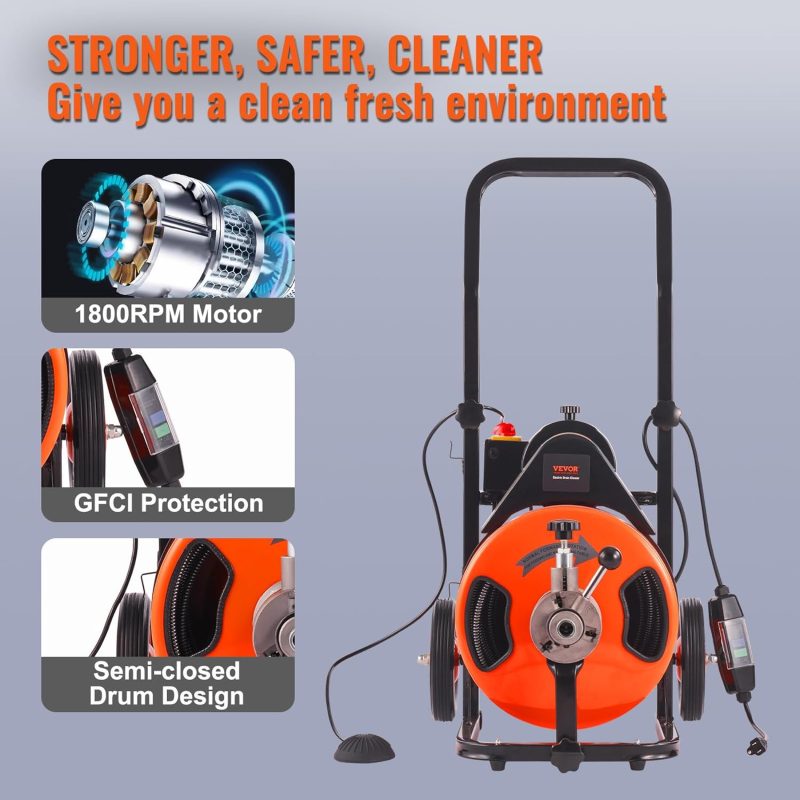 Drain Cleaner Machine 100FT x 1/2Inch, Auto Feed Sewer Snake Auger with 4 Cutter & Air-activated Foot Switch for 1" to 4" Pipes, Orange, Black - Image 6