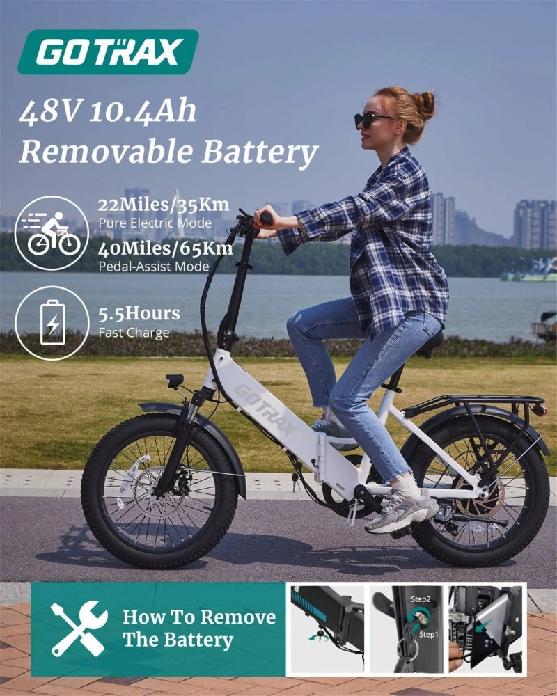 GOTRAX F2 Step-Through Foldable Electric Bike - 20" x 3" Air Filled Tires - 20MPH & up to 40 Mile Range - White - MadeInUSA - Image 7