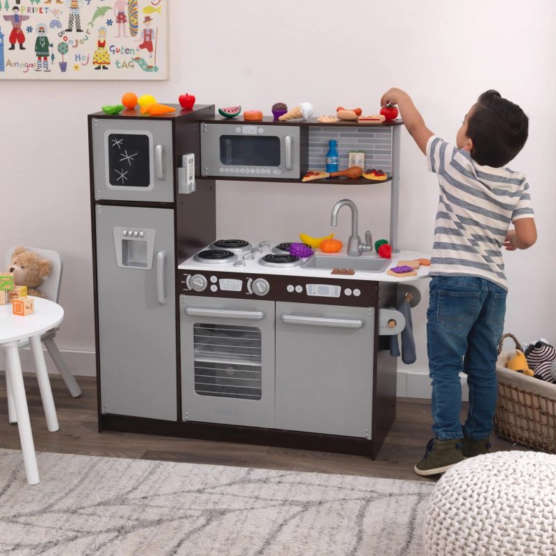 KidKraft Uptown Espresso Wooden Play Kitchen Set with 30-Piece Food Accessories, Chalkboard & Granite-Style Countertops - Image 2