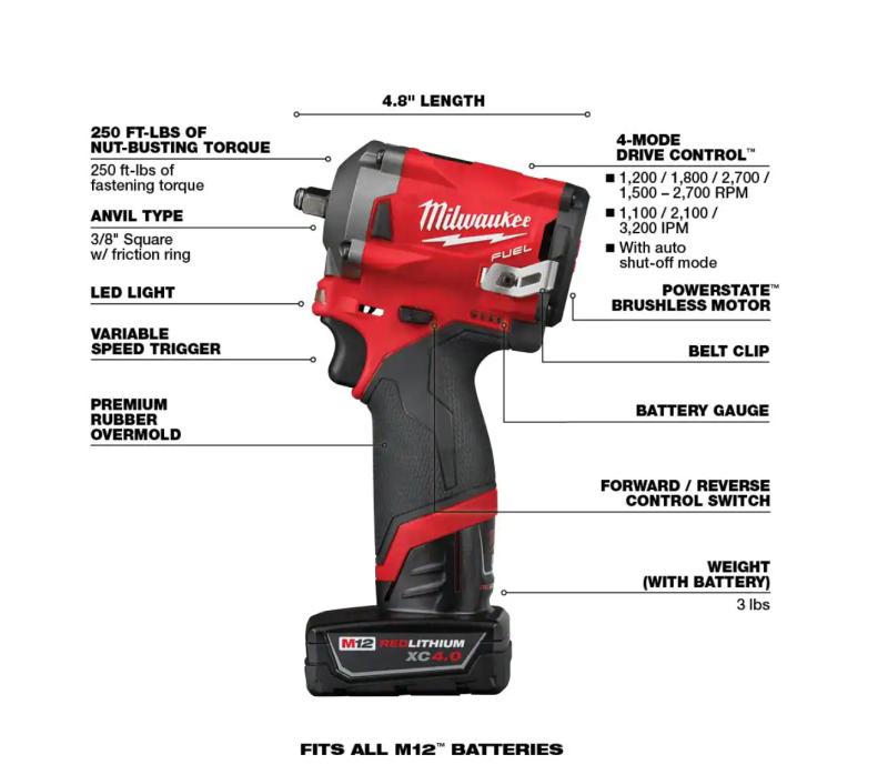 2554-22-2457-20 M12 FUEL 12V Lithium-Ion Brushless Cordless Stubby 3/8 in. Impact Wrench Kit with M12 3/8 in. Ratchet - Image 20