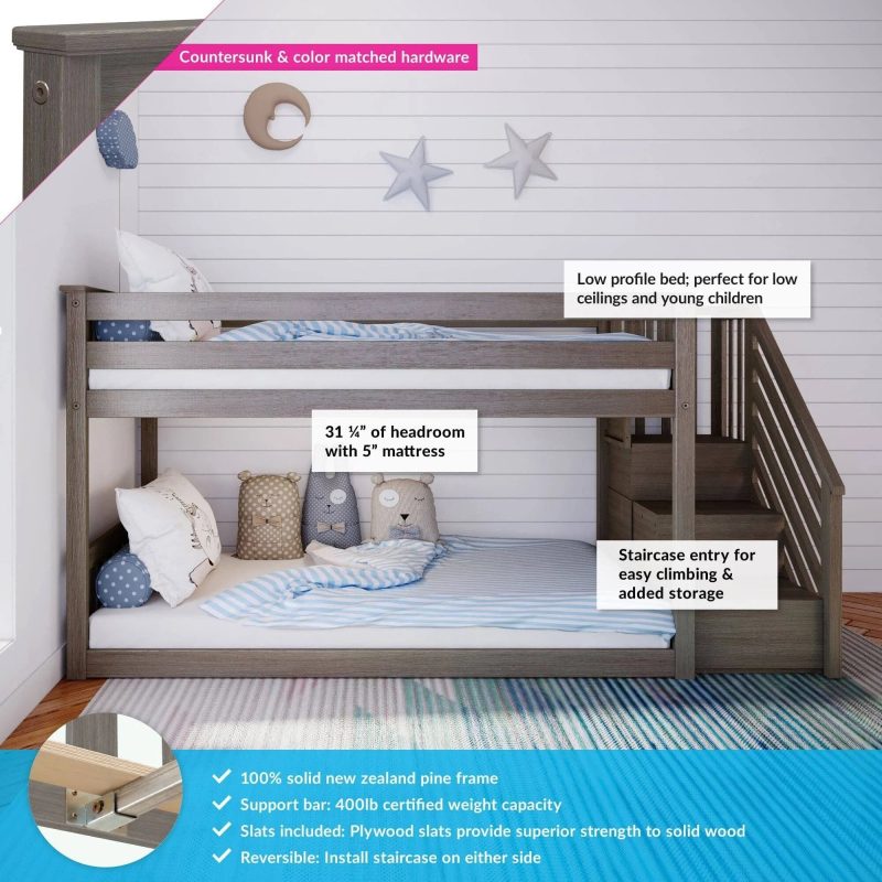 Max and Lily Twin Over Twin Low Bunk Bed with Staircase - Pecan - MadeInUSA - Image 8