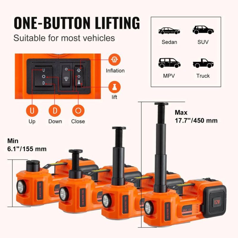 VEVOR 5-Ton 11023 lbs. Electric Hydraulic Jack Car Floor Jack 12V Lift Up To 17.7 in. Height with Built-in Tire Inflator Pump DDYYQJDTJDWC5G95XV9 - Image 3