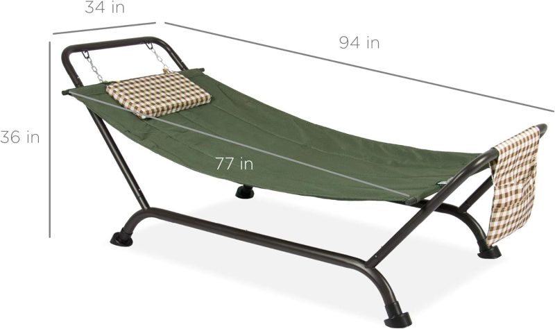 Best Choice Products Outdoor Hammock Bed with Stand for Patio, Backyard, Garden, Poolside w/Weather-Resistant Polyester, 500LB Weight Capacity, Pillow, Storage Pockets - Red - Image 13