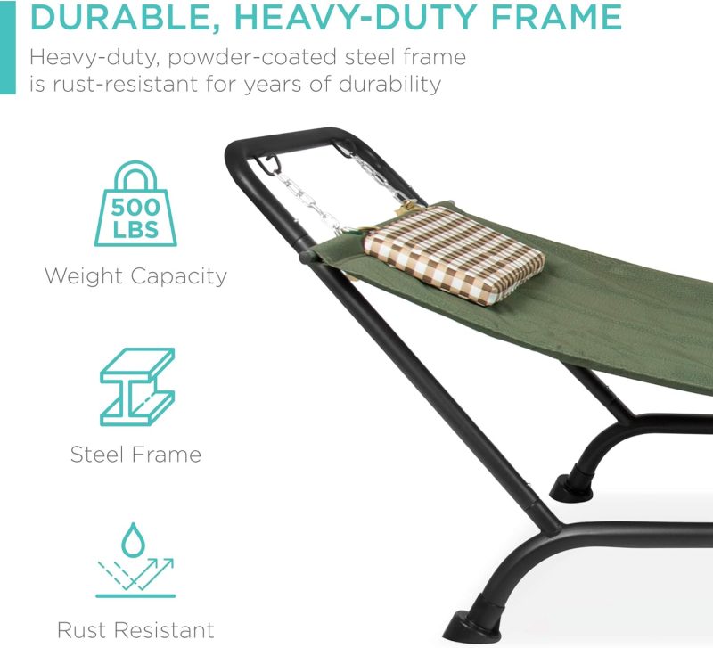 Best Choice Products Outdoor Hammock Bed with Stand for Patio, Backyard, Garden, Poolside w/Weather-Resistant Polyester, 500LB Weight Capacity, Pillow, Storage Pockets - Red - Image 9