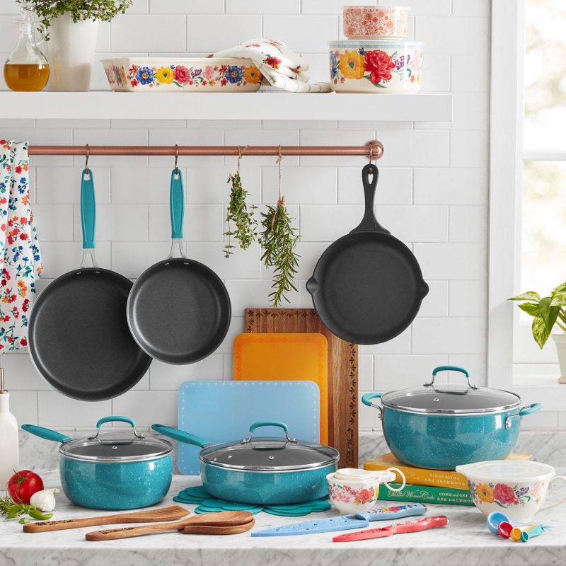 The Pioneer Woman Brilliant Blooms 38-Piece Cookware Set, Teal – Complete Kitchen Solution with Floral Design - Image 2