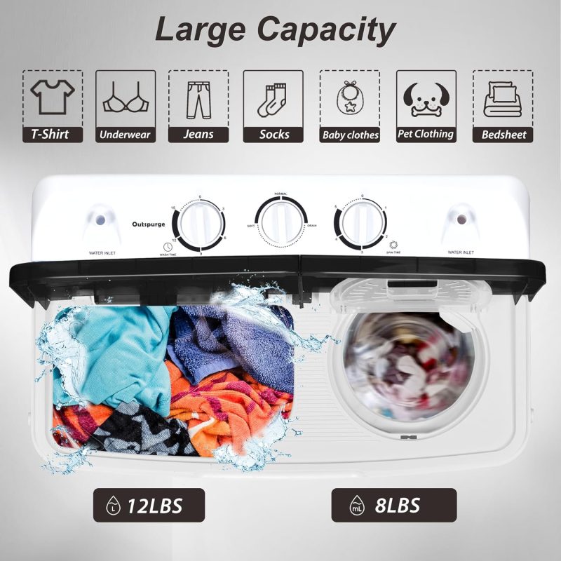 Portable Washing Machine, 15lbs Twin Tub Washer 2 In 1 Mini Compact Laundry Machine, 9lbs+6lbs Washer and Spinner Combo for Dorms, Apartments, RVs(Black) �C 15lbs - Image 27