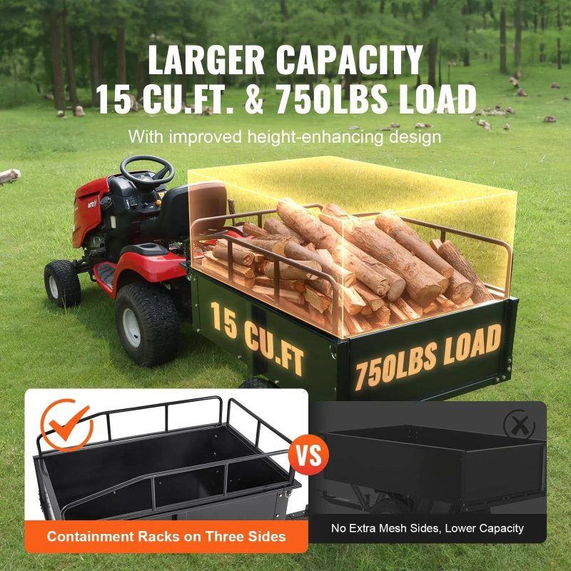 VEVOR ATV Trailer Heavy Duty Steel Dump Cart Tow Behind, 750 lbs 15 Cubic Feet, Garden Utility Trailer Yard Trailers with Removable Sides for Riding - MadeInUSA - Image 4