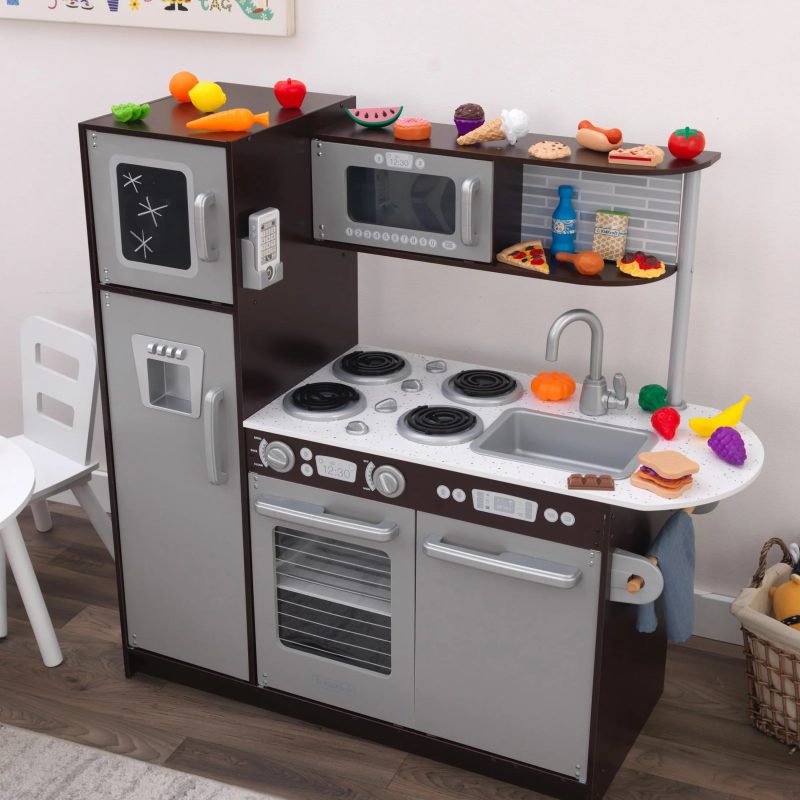 KidKraft Uptown Espresso Wooden Play Kitchen Set with 30-Piece Food Accessories, Chalkboard & Granite-Style Countertops - Image 3