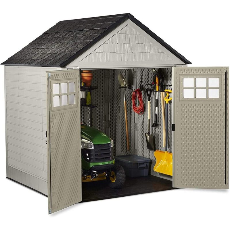 Rubbermaid 7×7 Ft Durable Weather Resistant Resin Outdoor Garden Storage Shed with Windows and Utility Hooks, Sand - Image 7