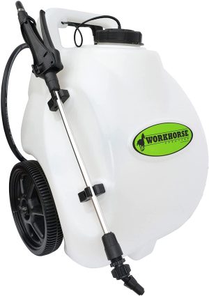 Workhorse Sprayers LG05SS Rechargeable Spot Sprayer – White Portable Sprayer with Wheels, Vertical & Horizontal Stream Range, 5 Gallon Tank. Garden Sprayer