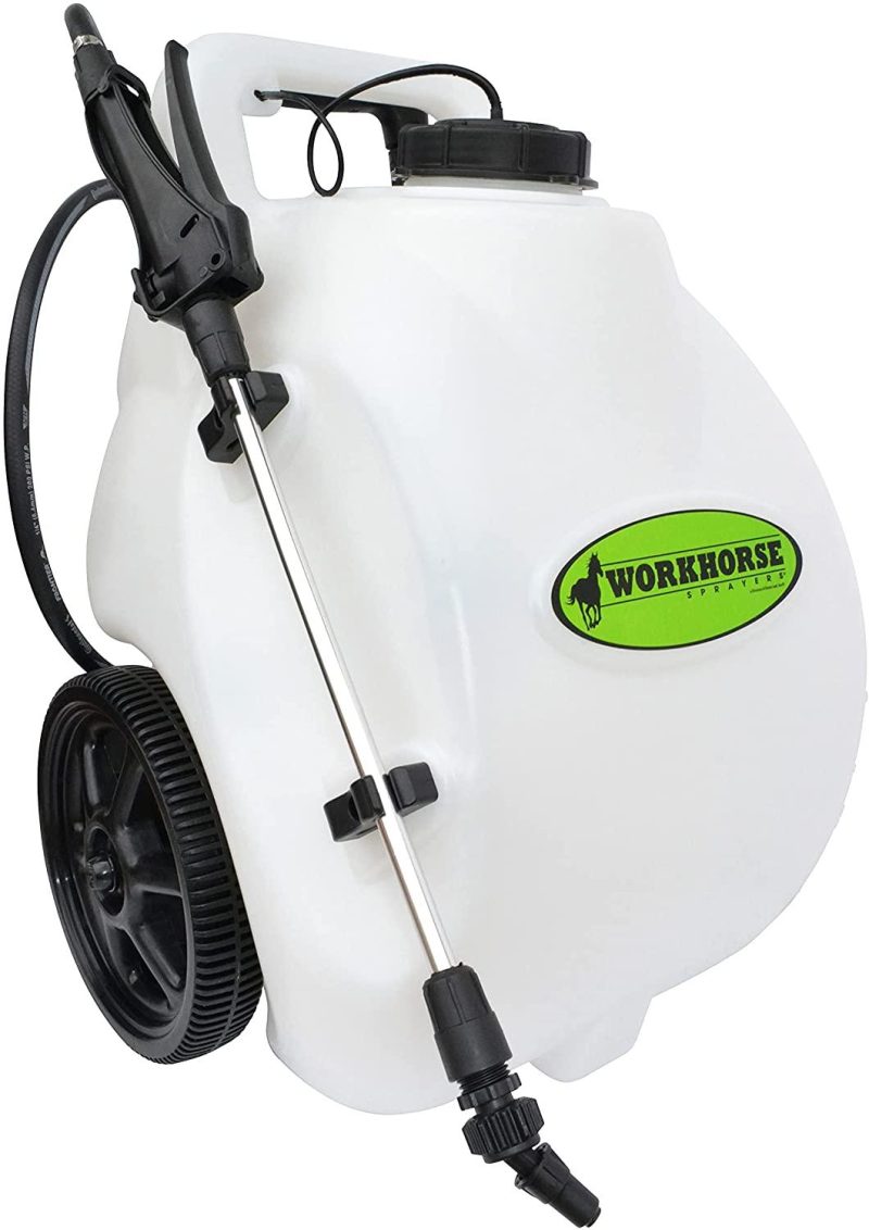 Workhorse Sprayers LG05SS Rechargeable Spot Sprayer – White Portable Sprayer with Wheels, Vertical & Horizontal Stream Range, 5 Gallon Tank. Garden Sprayer