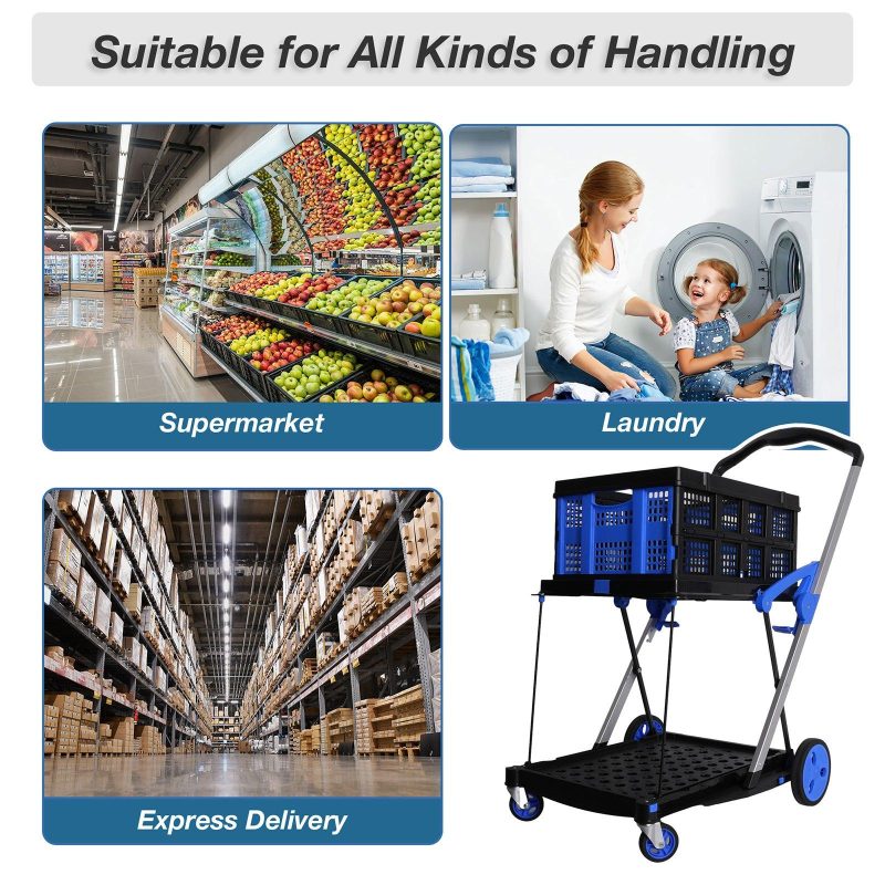 2-Tier Multi-Functional Collapsible Carts Foldable Trolley with Storage Crate Rolling Swivel Wheels - Image 10