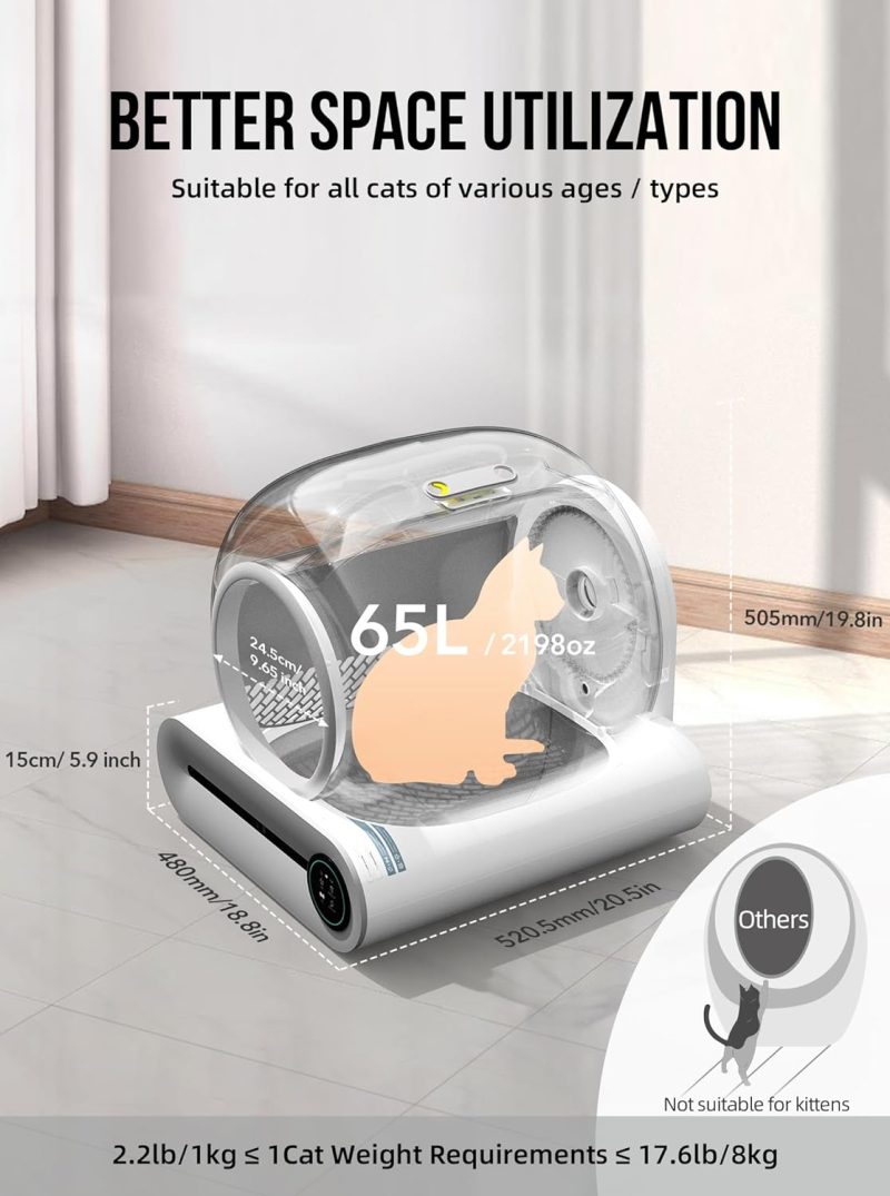 Self Cleaning Cat Litter Box, Automatic Cat Litter Box with Mat & Liners, 65L+9L Large Capacity Self Cleaning Litter Box, APP Control/Suitable for Multiple Cats - Grey - Image 11