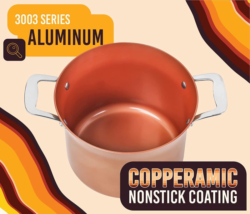 7 QT Copper, Granite, or Sapphire Non Stick Stock Pot Casserole (Induction Compatible) With Glass Lid - Image 3