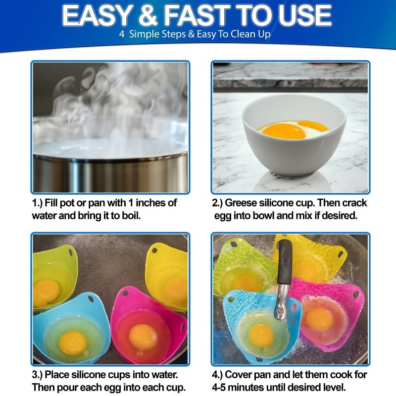 4 or 8 pcs Silicon Egg Poacher Cups- Microwave & Stovetop - Image 2