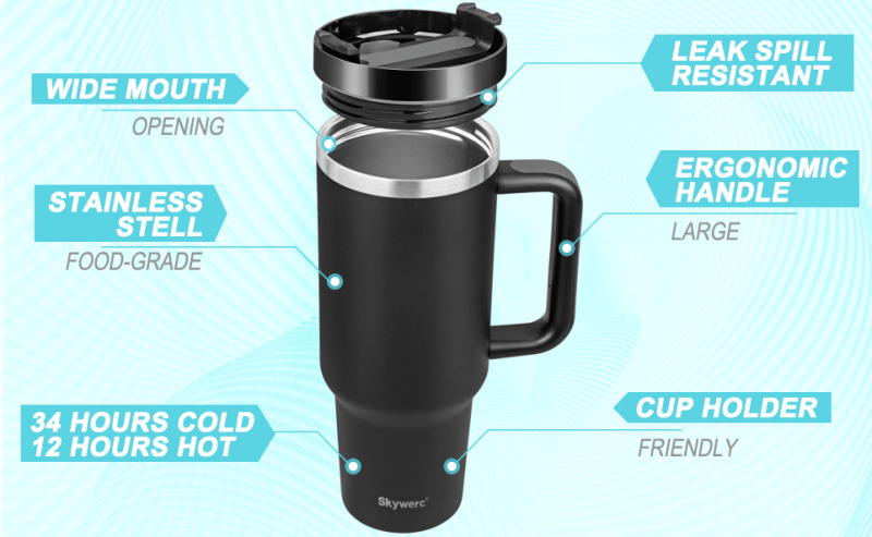 40 oz Double Wall Insulated Stainless Steel Tumbler Stanley Inspired with Handle and 2 Straws LeakProof Lids Water Bottle Travel Coffee Mug with Gift Box - Image 5
