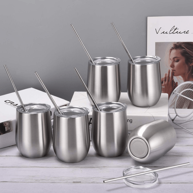 6 Pack 12Oz Stainless Steel, Stemless Wine Tumbler, Glasses Set with Lid & Straw - Image 3