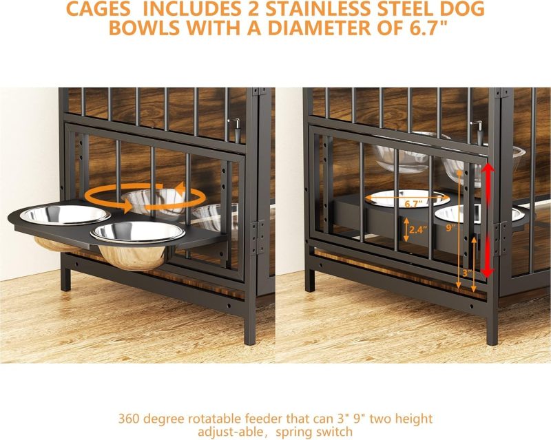 Furniture Style Large Dog Crate with 360° & Adjustable Raised Feeder for Dogs 2 Stainless Steel Bowls -End Table House Pad, Indoor Use,41" L X 24" W 36" H, Classic Brown - Image 12