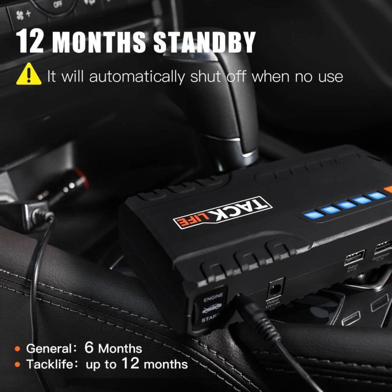 Tacklife T6 800A 18000mAh Car Jump Starter for 7.0L Gas & 5.5L Diesel Engines with Quick Charge, LCD Display, Safety Features, Orange - Image 3