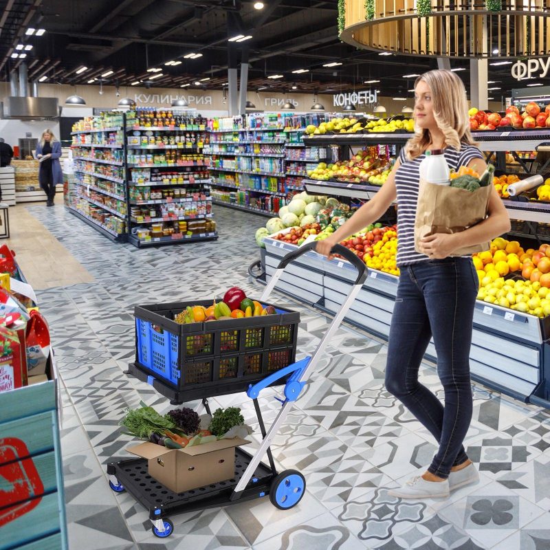 2-Tier Multi-Functional Collapsible Carts Foldable Trolley with Storage Crate Rolling Swivel Wheels - Image 3