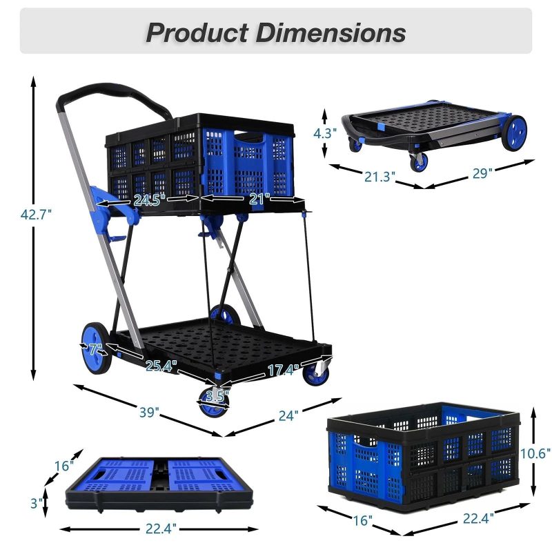 2-Tier Multi-Functional Collapsible Carts Foldable Trolley with Storage Crate Rolling Swivel Wheels - Image 7