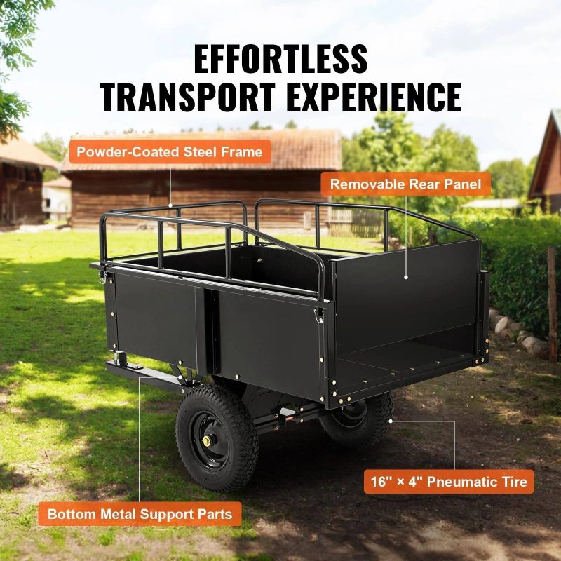 VEVOR ATV Trailer Heavy Duty Steel Dump Cart Tow Behind, 750 lbs 15 Cubic Feet, Garden Utility Trailer Yard Trailers with Removable Sides for Riding - MadeInUSA - Image 6